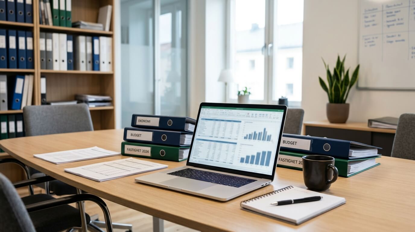 Ljust kontor i Bromma med laptop som visar bokföring och budgetdiagram, pärmar märkta Ekonomi, Budget och Fastighet 2024 samt utskrivna rapporter – ekonomisk förvaltning för bostadsrättsförening