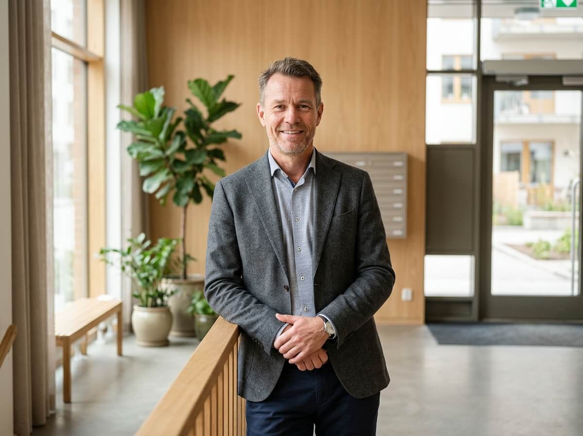 Vänlig medarbetare hos Fastighetsförvaltning Bromma i en ljus miljö