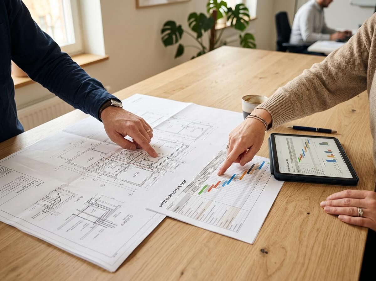 Underhållsplan och ritningar på ett bord under ett planeringsmöte för en bostadsrättsförening i Bromma