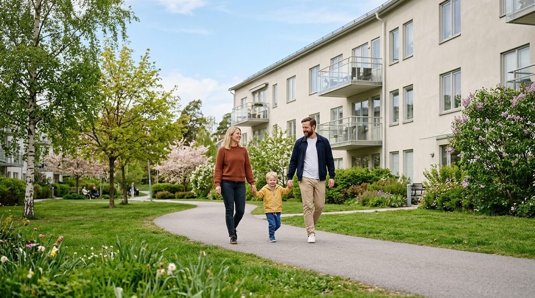 Familj på promenad framför ett ljust flerbostadshus i Bromma en vårdag