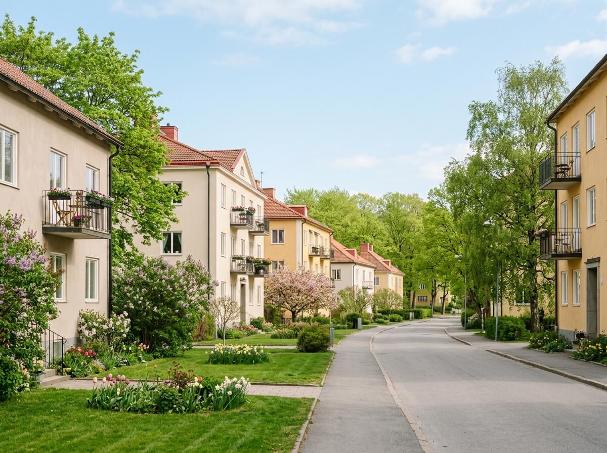 Lummigt bostadsområde i Bromma med flerbostadshus och grönska