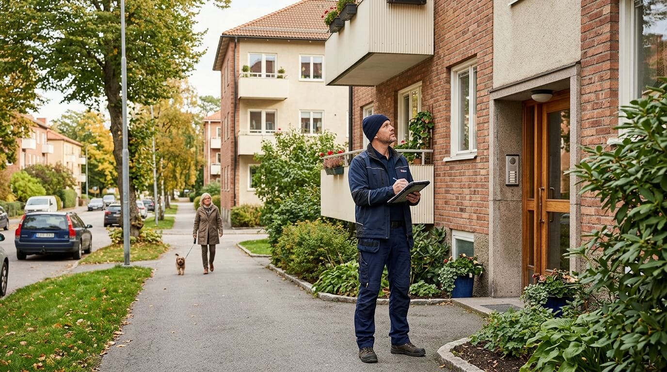 Fastighetsförvaltare i arbetskläder antecknar på surfplatta utanför en BRF i Bromma medan en kvinna går förbi med sin hund