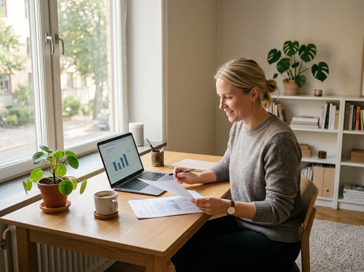 Ekonom som arbetar med en förenings bokföring vid en ljus arbetsplats