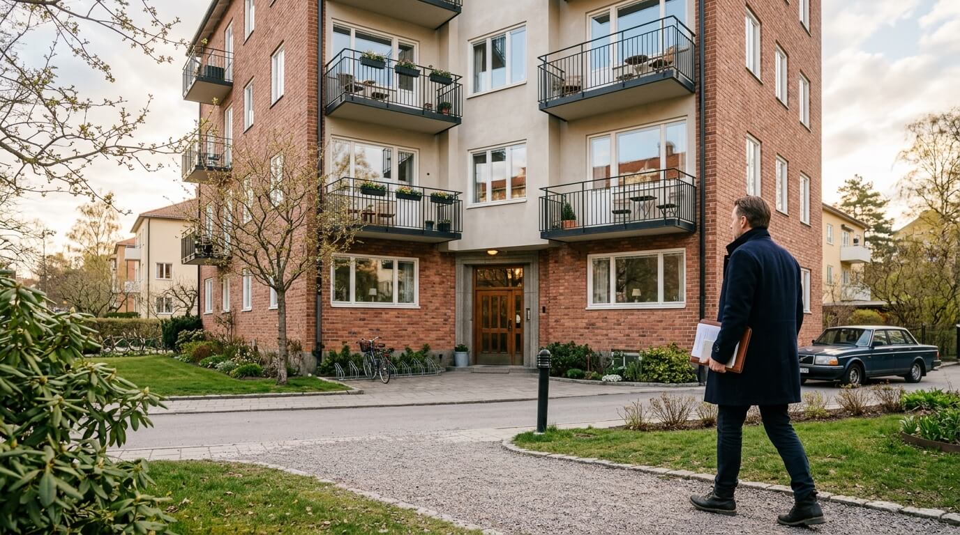 Förvaltare med pärm på väg in mot en bostadsrättsförening i Bromma en vårdag