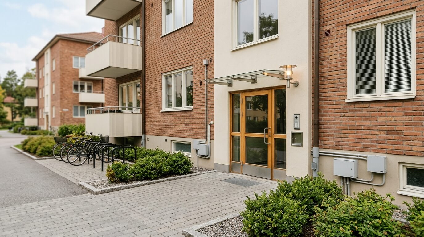 Välskött entré till ett rödtegelhus i Bromma med skärmtak, porttelefon, cykelställ och trimmade buskar – en bostadsrättsförening under teknisk förvaltning