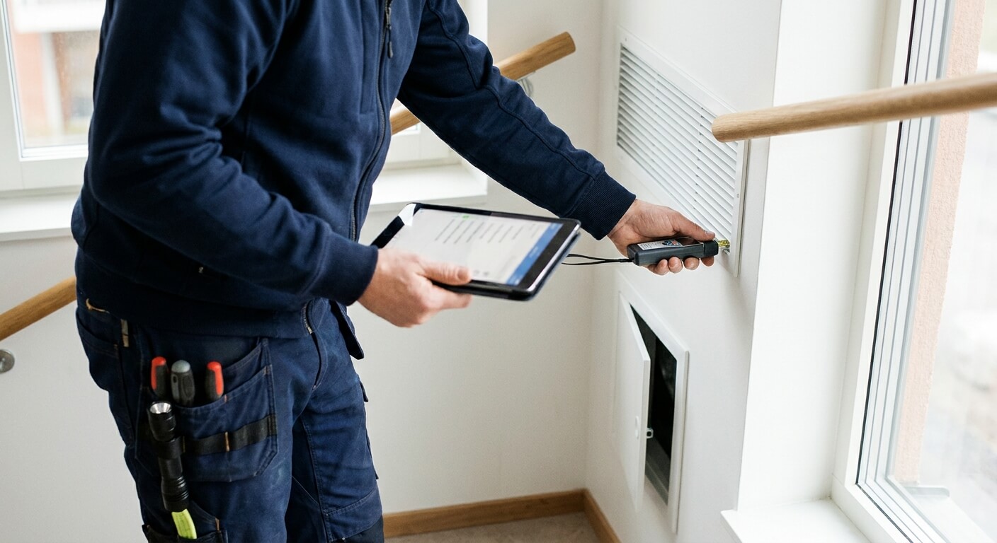 Besiktningsman som kontrollerar ett ventilationssystem